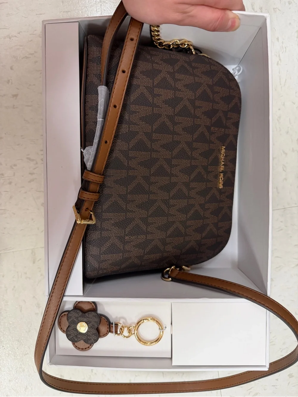 Michael Kors Cindy Large Dome Crossbody Bag with Key Fob Brown Signature NWT